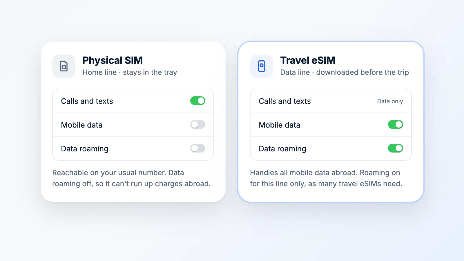 A dual-SIM setup: the physical home SIM handles calls and texts with data roaming off, the travel eSIM handles mobile data with data roaming on
