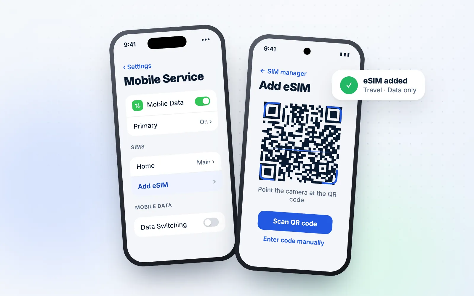 Two smartphones showing the Add eSIM screen and a QR code scanner