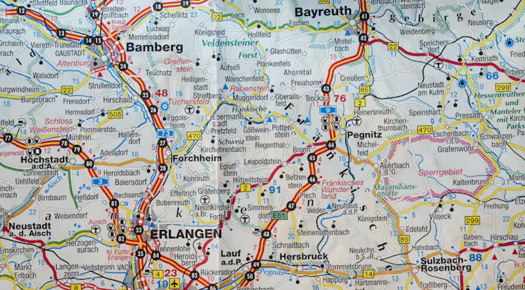 Road map of central Europe with cities and borders