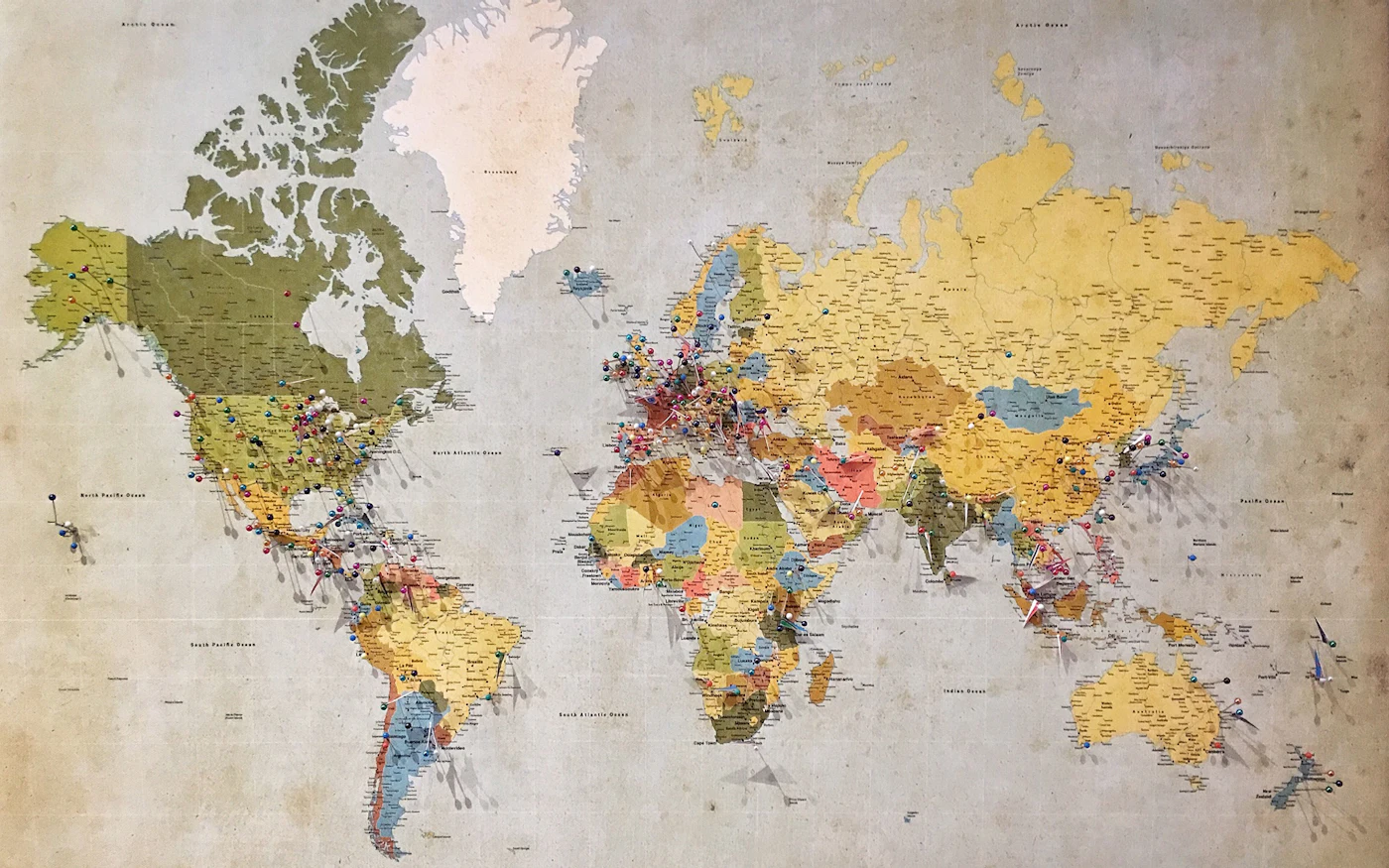 Wall map of the world with countries in different colours
