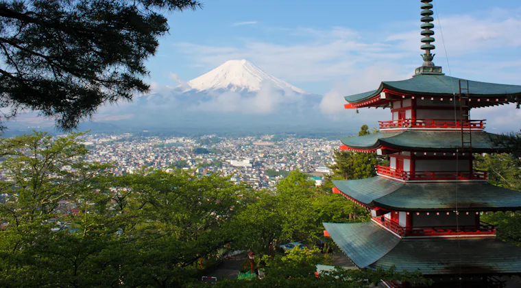 Chureito Pagoda with Mount Fuji in Japan