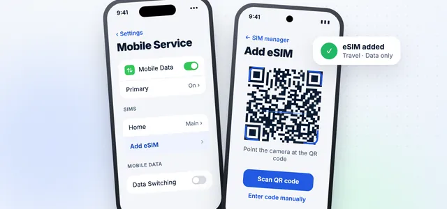 Two phones showing the Add eSIM screen and a QR code scanner